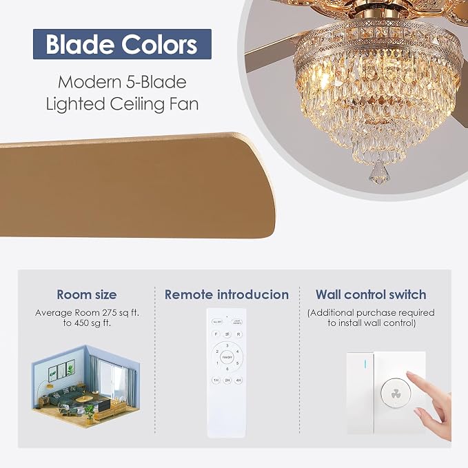 62"Golden Crystal Chandelier Ceiling Fans with Lights and Remote Control | Classical Design,6 Reversible Speeds,30W Quiet DC Motor,5 Wooden Blades,3*E12 LED Bulbs Included,for Living Room Bedroom