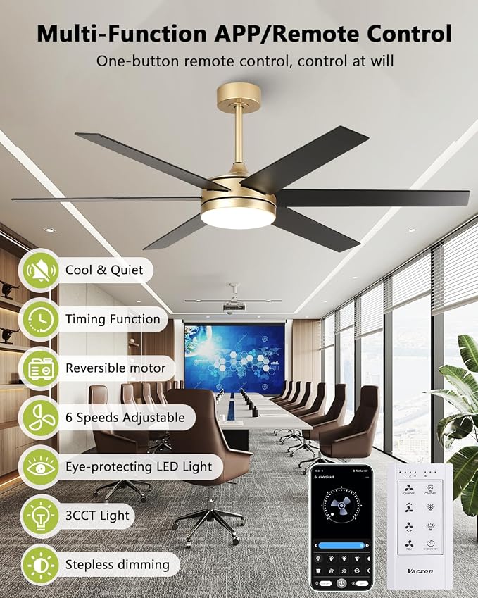 60 Inch Large Gold Ceiling fan with Lights and Remote/APP, Modern Black and Gold Ceiling Fan for bedroom Living Room Shop with 3CCT, 6-Speeds, Timer, 5 Blade Indoor Sleek Brass Fandelier