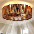 20" Flush Mount Ceiling Fan with Light, Wooden Caged Low Profile Fandelier with Remote, 6-Speed Reversible Bladeless Fan, Farmhouse Ceiling Fan for Bedroom, Kitchen, Living Room