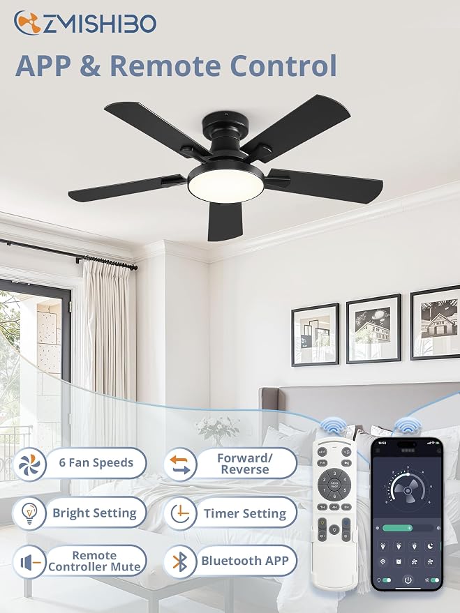 ZMISHIBO 42 Inch Ceiling Fans with Lights, Flush Mount Low Profile Ceiling Fan with 6 Speeds & 3CCT, Smart Remote&APP Control, Dimmable 24W LED Light, Quiet DC Motor for Living Room Bedroom,Black