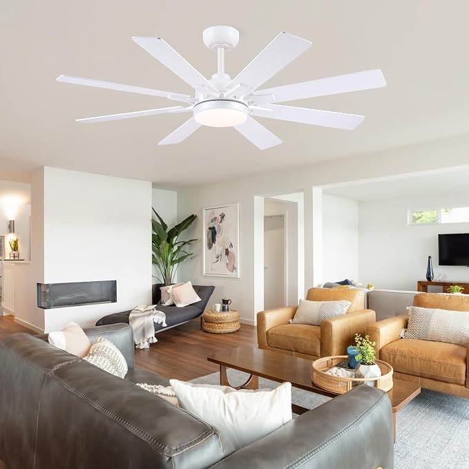 Kviflon 52 Inch Ceiling Fans with Lights, Modern White Ceiling fan with light for Bedroom Living Room Indoor Outdoor, Remote/APP Control, Reversible Quiet DC Motor, Dimmable LED, 8 Wooden Blades