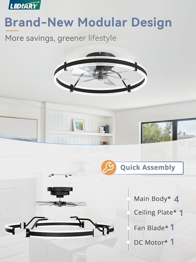 LEDIARY Ceiling Fans with Lights and Remote, 24'' Low Profile Ceiling Fan with Light, 3000-6000K Dimmable Fandelier Ceiling Fans, Modern Flush Mount Fan Light for Bedroom with 6 Wind Speeds- Black