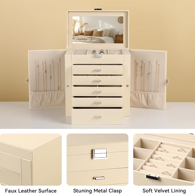 Frebeauty 6-Layer Jewelry Box for Women,Large Jewelry Organizer with Drawer | Faux Leather,Built-in Mirror,Spacious Jewelry Storage,16 Necklace Hooks,Organizing by Category for Rings Earrings Bracelet