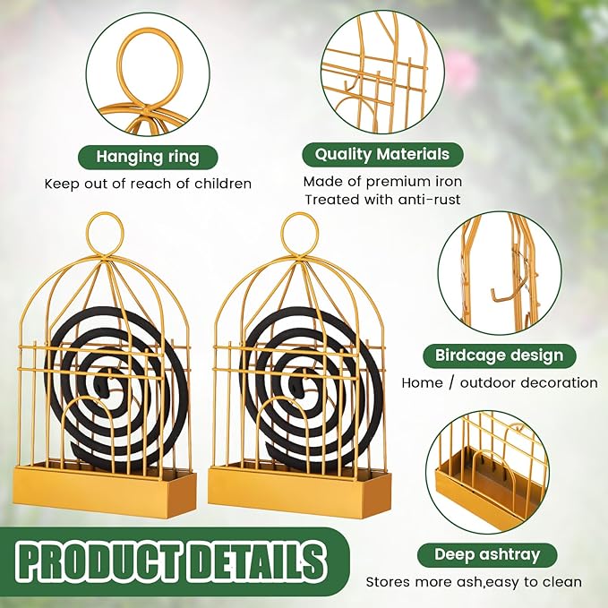 Hushee 6 Pcs Portable Mosquito Coil Holder Retro Incense Coil Burner Metal Hanging Bird Cage Incense Holder for Outdoor Home Garden Decor, Gold