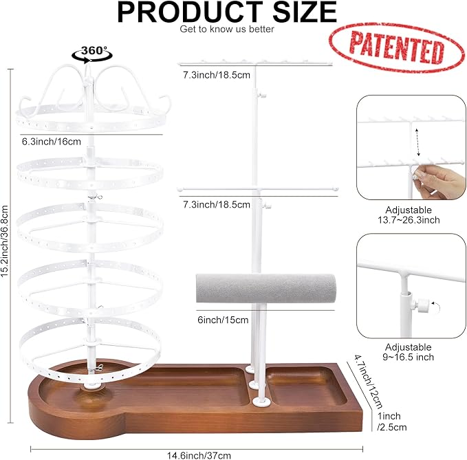 Jewelry Organizer Stand, Metal Rotating Earring Holder Organizer, Multi-Functional Adjustable Necklace Rack Holder Bracelet Watch Holder for Jewelry Earrings Ring