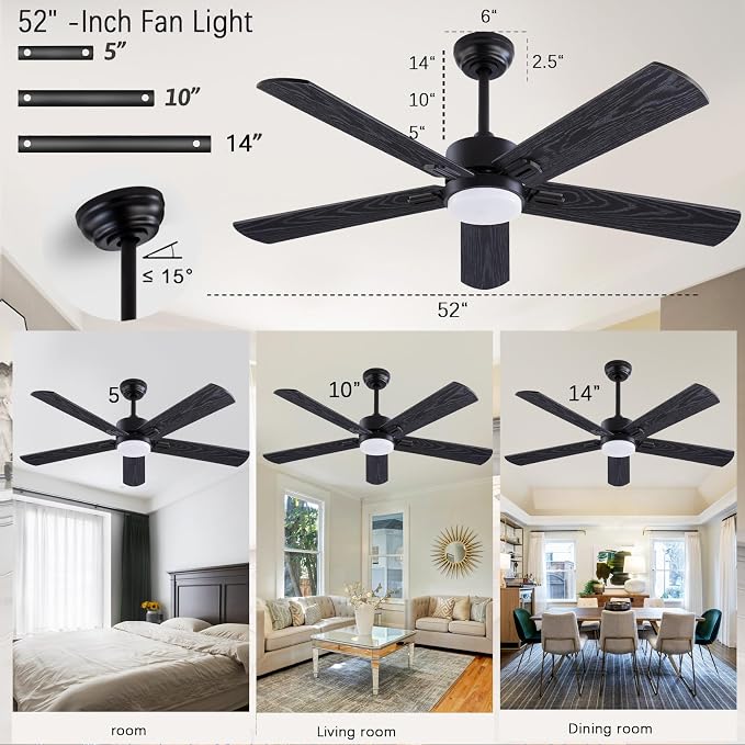 QUTWOB 52" Ceiling Fans with Light and Remote,Farmhouse 5 Blades Quiet Reversible DC Motor Ceiling Fans for Modern Indoor/Outdoor/Patio/Living Room/Bedroom(Black/Walnut)