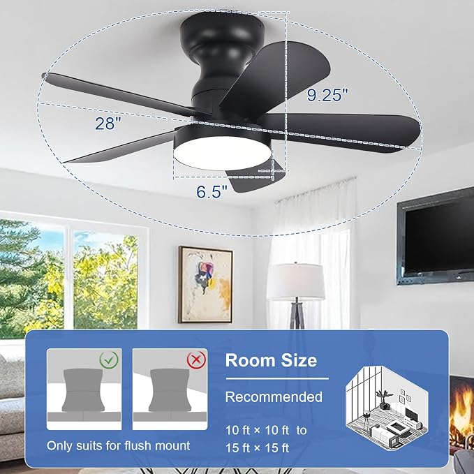 Depuley Black Ceiling Fan with Lights: 28-Inch Flush Mount Fan with Light and Remote - Low Profile Ceiling Fans Reversible Quiet DC Motor for Bedroom Living Room Indoor Outdoor
