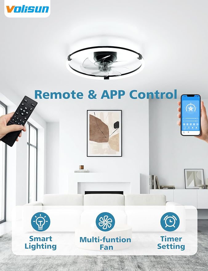 VOLISUN Low Profile Ceiling Fan with Lights and Remote, 19.7in Bladeless Ceiling Fans with Light Flush Mount, Dimmable Modern LED Fan Light, Black Fandelier Ceiling Fans for Bedroom,Living Room