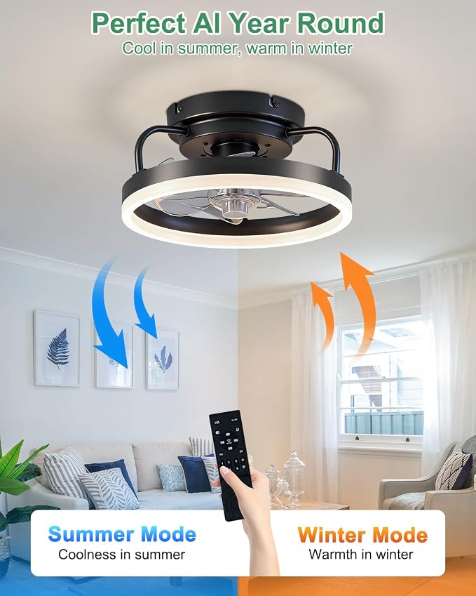 Ceiling Fan with Lights, Low Profile Ceiling Fans with Lights and Remote, Flush Mount LED Fan Light, Modern Bladeless Fandelier for Bedroom Works with APP, 12IN Black