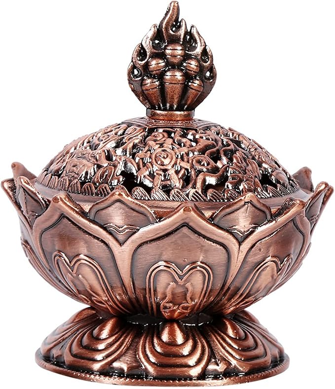 Lotus Incense Holder Lotus Flower Shaped 9 Holes Mini Vintage Incense Cover for Stick and Cone Incense ((Red Bronze))