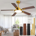 60 Inch Ceiling Fans with Lights and Remote, Bedroom Living Room Office Library Cafe Outdoor Industrial, 5CCT Dimmable, Dual Color 5 Blades, 6 Speed Reversible Quiet DC Motor, Gold/Wood Grain