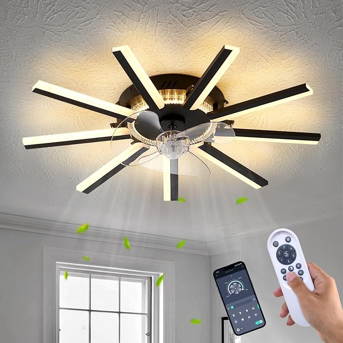 Modern LED Ceiling Fan with Light, 30" Low Profile Flush Mount Fandelier with Remote Dimmable 6 Speed Smart Ceiling Fan for Bedroom Living Room Dining Room