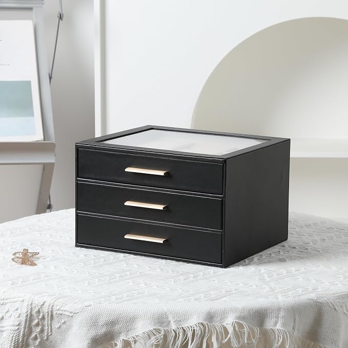 Frebeauty Jewelry Box for Women,Clear Lid Jewelry Organizer with 3 Drawers | Faux Leather,Velvet Lining,3 Layers,Jewelry Storage for Ring Earring Stud,Dustproof Design,Gift Choice,Golden Stylish Handle