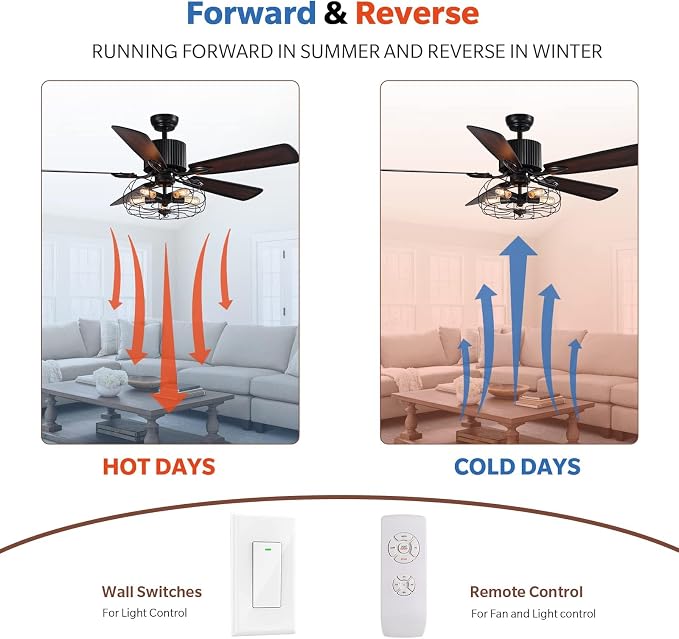 Industrial Caged Ceiling Fan Light with Remote Control 52 Inch Vintage Ceiling Fan Light Farmhouse Black Retro Indoor Fandelier with 5 Reversible Wood Blades for Living Room Bedroom