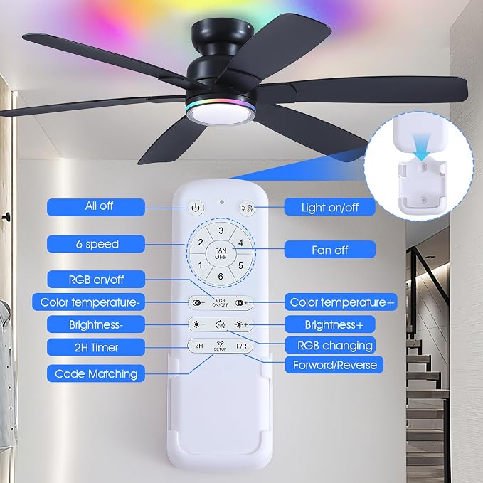 Kviflon 52" Modern Ceiling Fans with RGB Lights Remote/APP Control, Low Profile Flush Mount Ceiling Fan, 6 Reversible Plastic Blades 6 Speeds, RGB + 3 CCT Dimmable Lights for Bedroom Kidsroom, Black