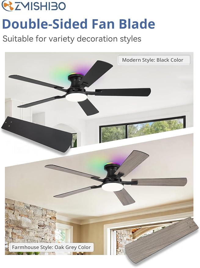 ZMISHIBO 52 Inch Smart Ceiling Fans with RGB Lights, Low Profile Flush Mount Ceiling Fan with Alexa/App/Remote Control, Dimmable 20W LED Light, Black Modern Fan for Living Room, Bedroom, Game Room