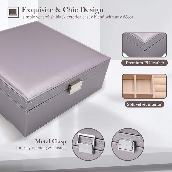 ProCase 2 Layers Jewelry Box for Women -Pearlizedsilver | Large Leather Jewelry Organizer Storage Case with Removable Pad for Earrings