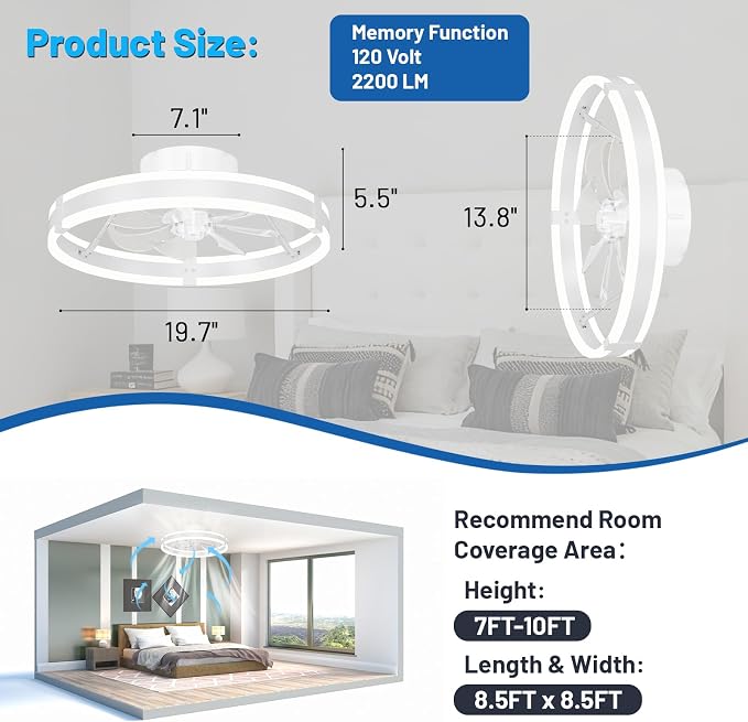 19.7'' Bladeless Ceiling Fan with Lights,3000-6000K Dimmable 6 Wind Speed Low Profile Led Ceiling Fan, Reversible DC Motor Modern Flush Mount Indoor Kitchen Bedroom Fandelier Ceiling Fans