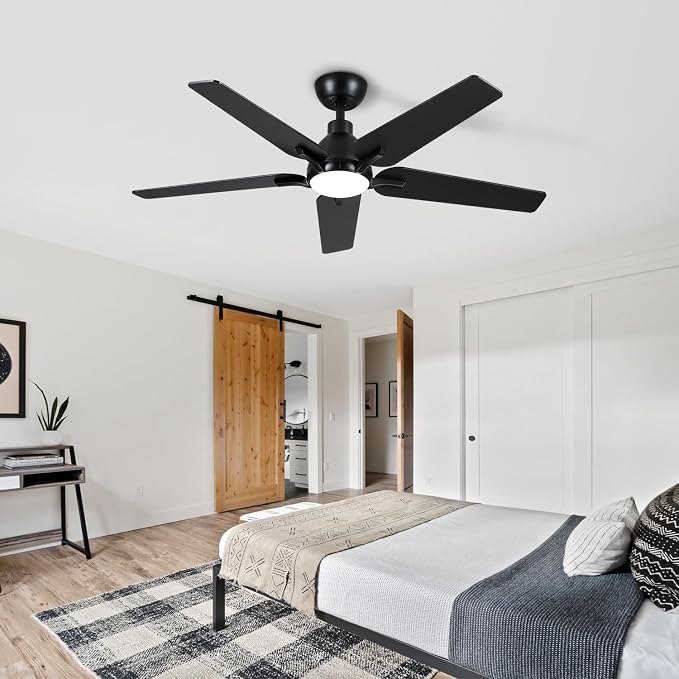 52 Inch Ceiling Fan with Light and Remote Control, Black | 6-Speed Quiet Reversible DC Motor, 3CCT Dimmable 24W LED Light,5 Wood Blades,Used for Bedroom, Living Room, Covered Patio