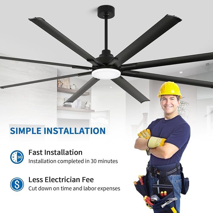 84 Inch Industrial Ceiling Fans with Light，Large Ceiling Fan with 8 Reversible Aluminum Blades, 3CCT, 6-Speed Remote Control, Home or Commercial Ceiling Fan for Porch/Garage/Shop
