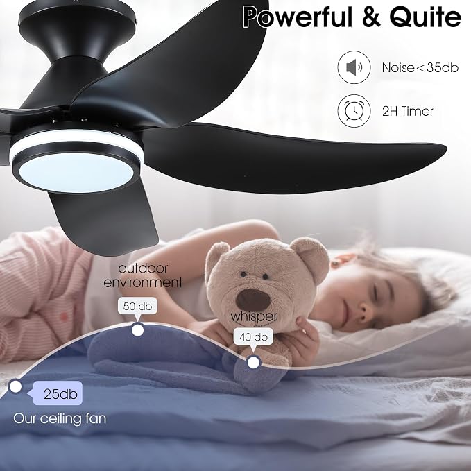 Kviflon 46 inch Ceiling Fans with Lights and Remote/APP Control, Modern Flush Mount Ceiling Fans with 5 Reversible Blades 6 Speeds, 3 Colors Dimmable+Ring Lights for Bedroom Dining Room, Black