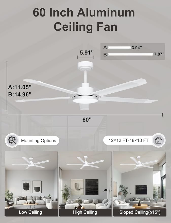 Ohniyou 60'' Industrial Ceiling Fan with Light for Patio, Porch, White | 6800 CFM Airflow, 35dB DC Motor, 5 Aluminum Blades, 3CCT Dimming, Remote/APP Control, Covered Outdoor Metal Fan