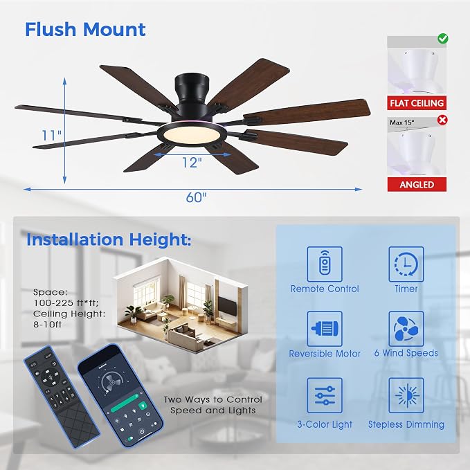 Ayaoty Ceiling Fans with Lights -60in Flush Mount Ceiling Fan with RGB Dimmable, 3CCT 6 Wind Speeds and Reversible Quiet Motor, Low Profile RGB Fan Light for Modern Indoor, Party - Brown