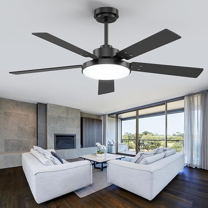 52 inch Black Ceiling fan with Light and Remote/APP, Ceiling Fans with Lights, 3CCT, Reversible 6 Speeds Quiet, Black Modern Ceiling Fan with Light for Indoor Outdoor Bedroom Patio Living Room