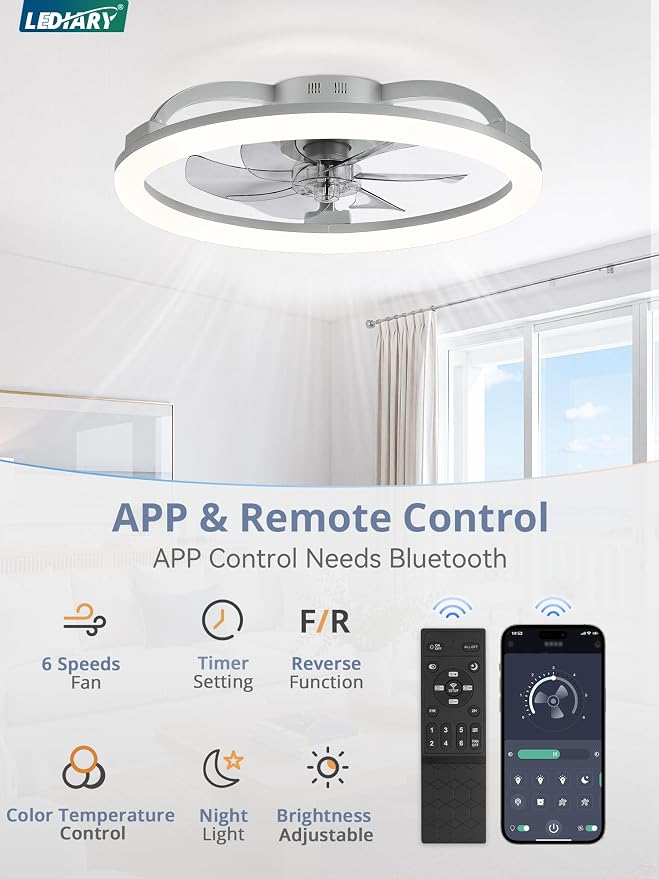 LEDIARY 23 Inch Ceiling Fans with Lights and Remote for Bedroom, Grey | Low Profile Flush Mount Ceiling Fan, Dimmable Modern Fan Light (3000K-6000K), 6 Speed, Reversible, APP & Remote Control