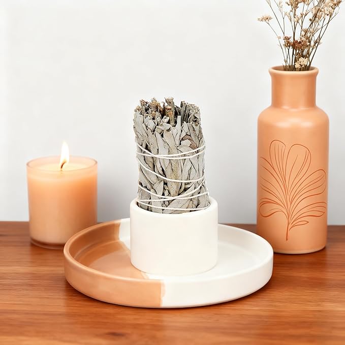 Sage Holder, White Sage Burner, Smudge Bowl, Palo Santo Holder, 3 in 1Incense Holder, Ceramic Sage Holder for Burning, Incensario White Sage Bundle Holder for Aromatic Accessories