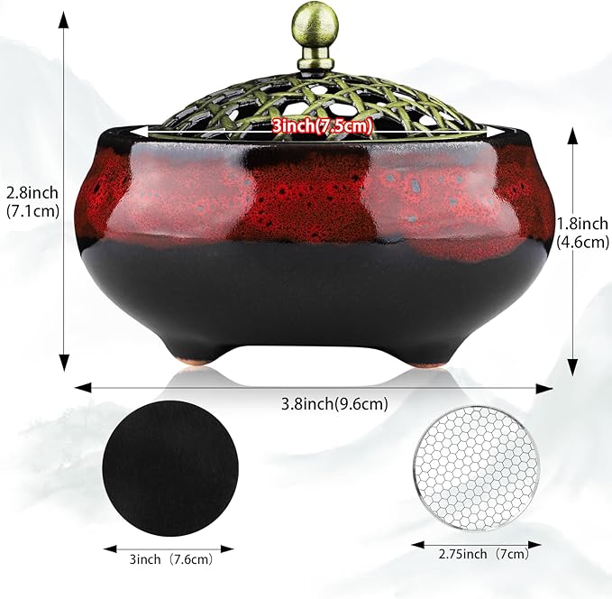 Ceramic Incense Burner for Cone and Backflow Incense, Metal Lid, Stainless Steel Incense Holder, Incense Bowl with Incense Cone Holder & Burner Holder (Fambe Red)