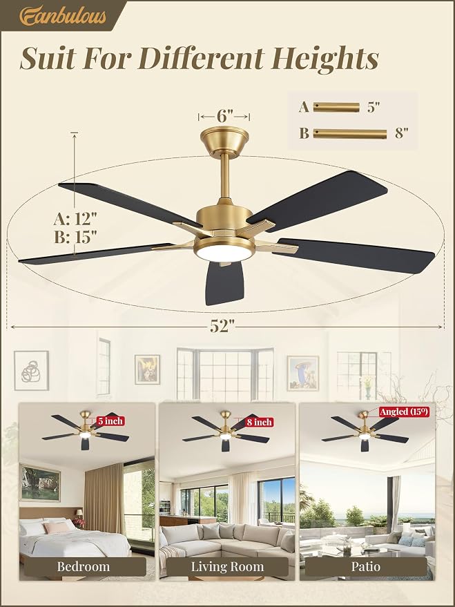 Fanbulous 52 Inch Black and Gold Ceiling Fans with Lights and Remote, Stepless Color Temperature Change & Dimmable 20W LED Ceiling Fan, 6 Speeds Reversible Quiet DC Motor for Bedroom, Living Room