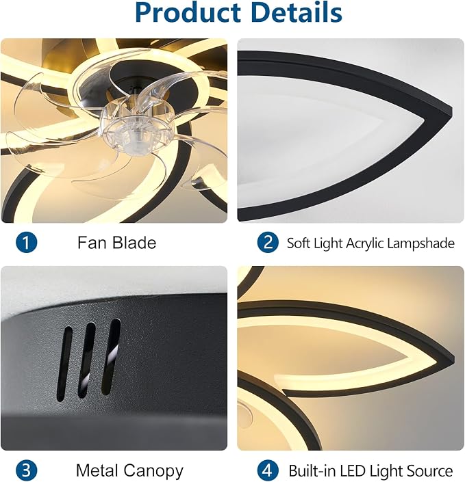 Dalouguan Ceiling Fan with Lights Remote Control, 30" Black Flower 6 Speeds 3 Light Color Low Profile Flush Mount Ceiling Fan for Kitchen Bedroom