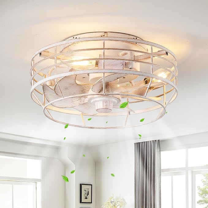 Ceiling Fan with Light and Remote, Modern Flush Mount Fan Lights Cage Ceiling Fixture, Bladeless 12 in 6 Speeds Fans with Lights for Kitchen Bedroom Living Room, White and Gold