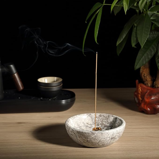 Koville Moroccan Natural Marble Incense Holder, 5inch Incense Holders for Sticks, Sturdy Incense Burner Ash Catcher, Ideal for Meditation, Relaxing, Easy to Clean(Gris Lido)
