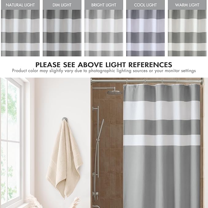 Madison Park Shower Curtain Waffle Weave Striped Pieced Design Fabric Shower Curtain with 3M Scotchgard Moisture Management Premium Spa Quality Modern Shower Curtains for Bathroom Stall 54"x78" Grey