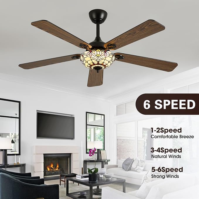 52" Tiffany Style Ceiling Fans with Lights, Vintage Chandelier Ceiling Fan with Stained Glass Shade, Dimmable LED, 6 Speeds Reversible for Bedroom (Red Dot)