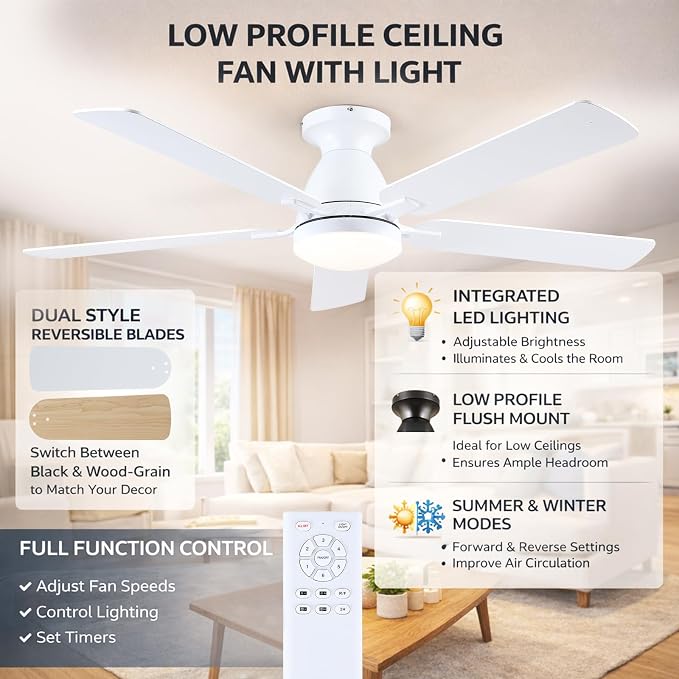 52 Inch Ceiling Fans with Lights and Remote, Flush Mount, White | Low Profile, Dimmable LED, Reversible, Quiet DC Motor, Wooden Blades, for Modern Apartment Bedroom Home Office Living Room