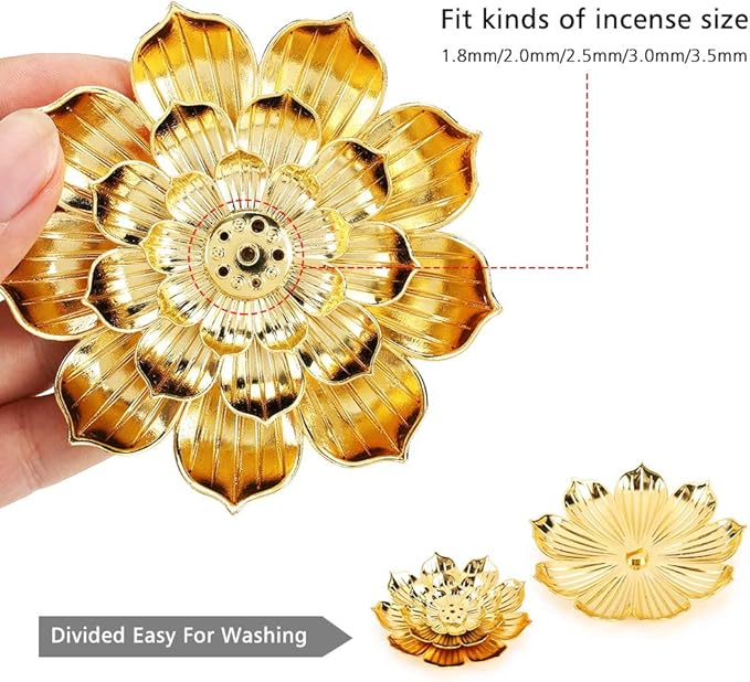 Accmor Zinc Alloy Incense Holder, Lotus Stick Incense Burner, Incense Holder for Stick/Coil/Cone Incense with Ash Catcher, Gold