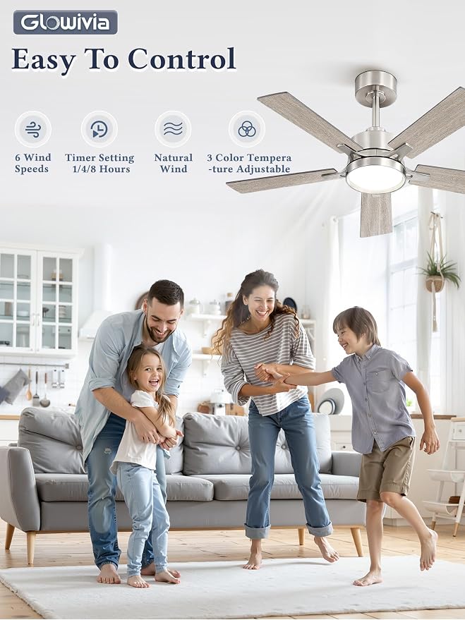 42 Inch Ceiling Fan with Lights and Remote, Smart APP Control, Dimmable with All-Setting Memory, Quiet DC Motor Reversible Blades, Damp Rated Modern Ceiling Fan for Bedroom Patio Living Room