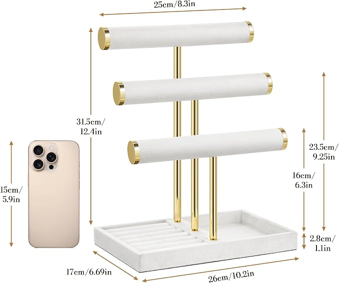 Jewelry Organizer Stand Display, 3 Tier Velvet Bracelet Holder, White | Jewelry Organizers and Storage | Jewelry Tree | Jewelry Towers for Necklaces, Bracelets, Earrings, Rings