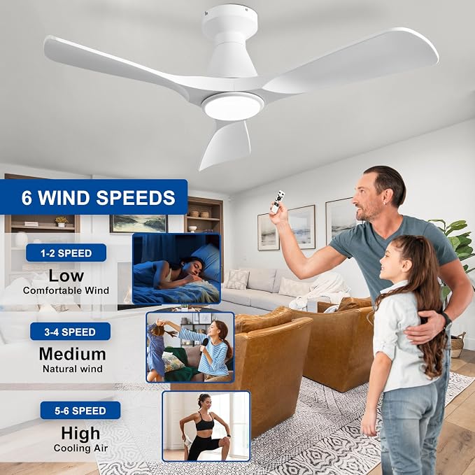 Depuley 42-Inch Ceiling Fans with Lights: White 3 Blade Flush Mount Low Profile Ceiling Fan for Bedroom - Dimmable Indoor Outdoor Fan with Remote Control Ultra Quiet DC Motor Timer