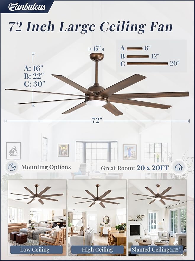Fanbulous Ceiling Fans with Lights, 72 inch Large Ceiling Fan with Light and Remote, Outdoor Bronze Ceiling Fan for Living Room Patio, 6 Speeds, Reversible Quiet DC Motor, 3 CCT, Bi-color 8 Blades