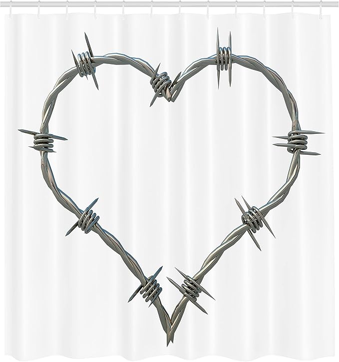 Ambesonne Barbed Wire Shower Curtain, Barbed Wire Heart Shape Twisted Security Safety Themed Illustration Print, Cloth Fabric Bathroom Decor Set with Hooks, 69" W x 70" L, Grey Cream
