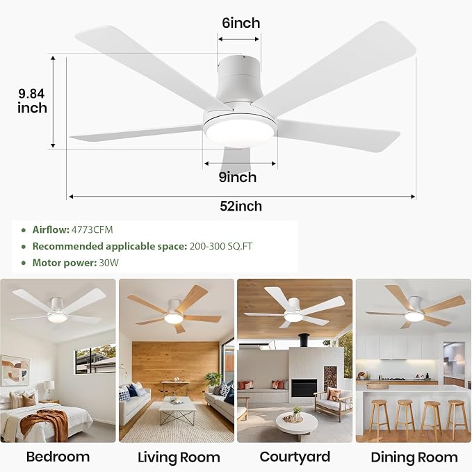52 Inch White Ceiling Fans with Lights and Remote, Flush Mount Ceiling Fan with 5 Blades, Dimmable, Reversible Motor, 3-Color Temperatures, 6 Speeds, for Bedroom/Kidroom/Patio