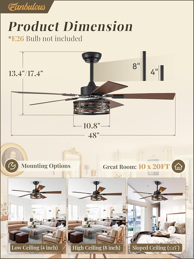 Fanbulous Farmhouse Ceiling Fans with Light, 48 Inch Bedroom Ceiling Fan with Lights, 6-Speed Adjustable, Quiet and Reversible DC Motor, Dual Finish 5 Blades, Rustic Caged Ceiling Fan for Living Room