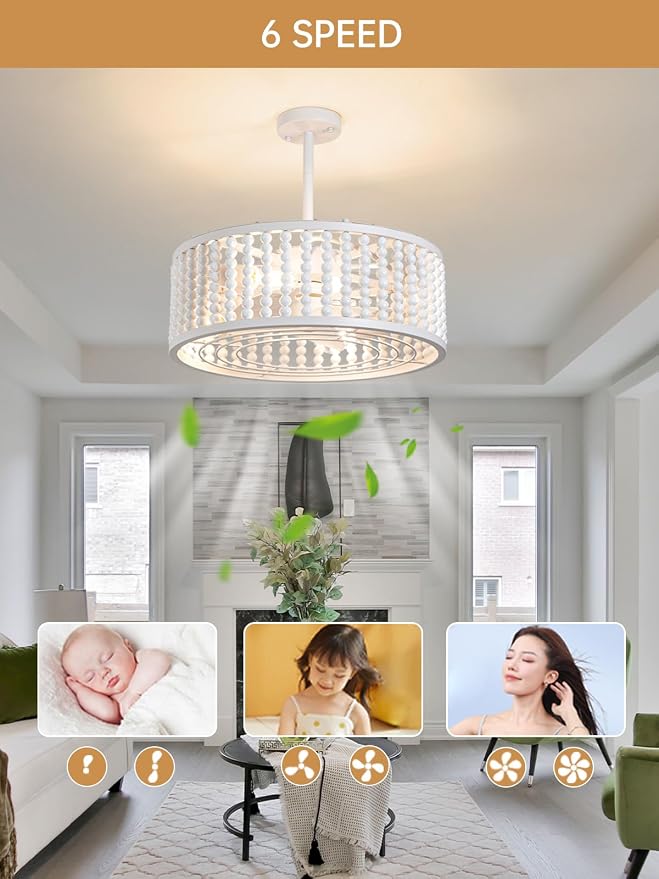 Ceiling Fans with Lights and Remote - Bulbs Included, Caged Fandelier with Handcrafted Beaded Décor 19 inches Reversible Flat and Angled Ceiling Installation, White