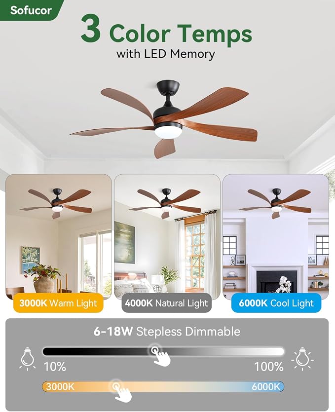 Sofucor 52" Smart Ceiling Fan, Indoor/Outdoor Ceiling Fans with Lights and Remote, Compatible with Alexa/Google/App, 3-Color Light 6-Speed Timing Reversible DC Motor for Bedroom Living Room Patio