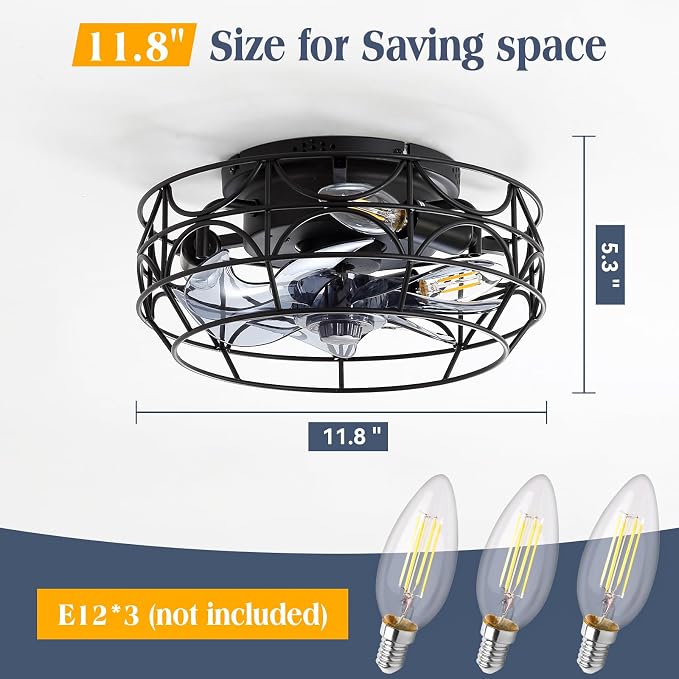 Black Caged Ceiling Fans with Lights and Remote,6 Speeds,12 inch Industrial Flush Mount Ceiling Fan with Light，Modern Bladeless Fan Lights Ceiling Fixtures for Kitchen, Bedroom,Indoor