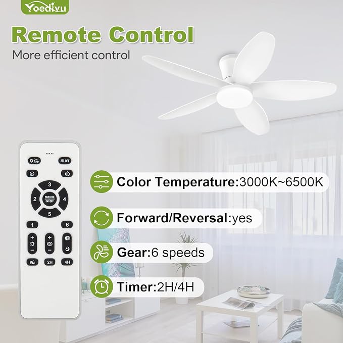 White Ceiling Fan with Light, 42 Inch Low Profile Flush Mount Ceiling Fan 6-Speed Wind, Quiet Reversible DC Motor, 3 Color Dimmable Lighting, Small Ceiling Fans for Living Room/Kitchen/Bedroom
